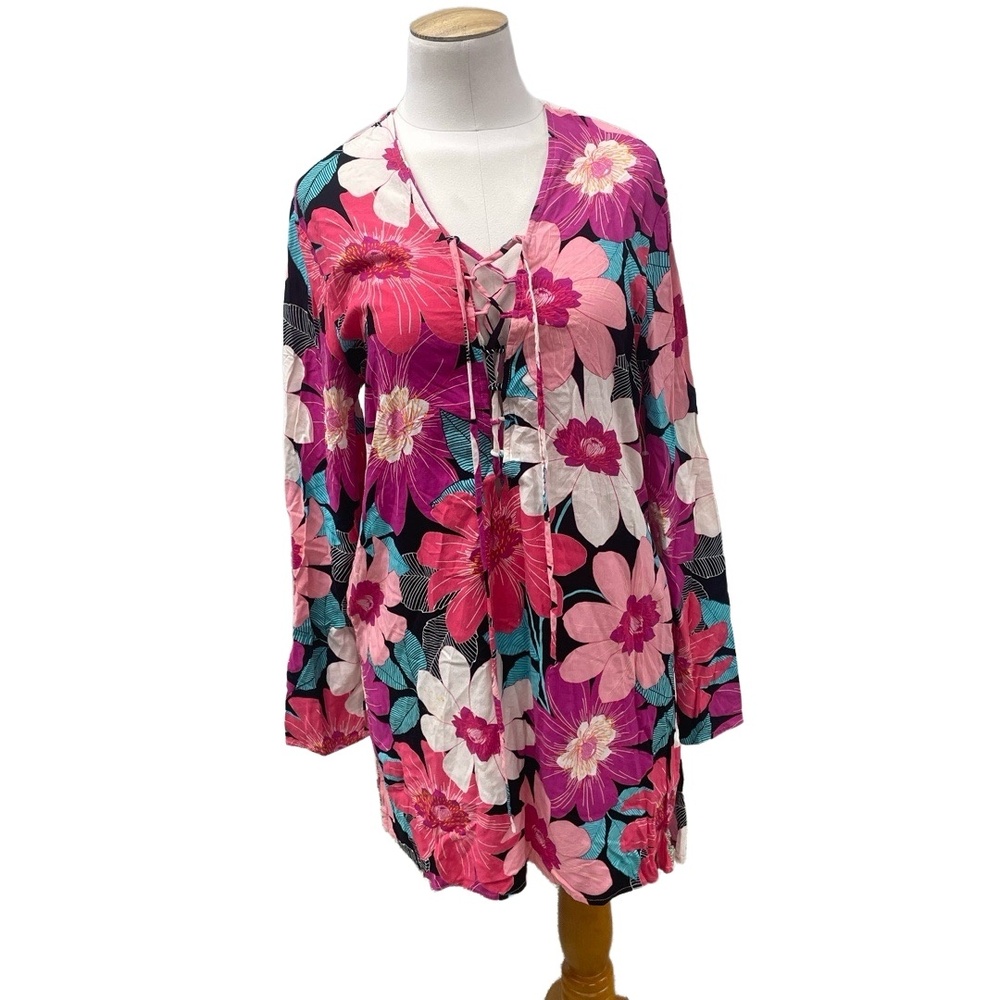 La Blanca Pink Floral Long Sleeve  Pocket Coverup Beach Resort Shirt Medium‎